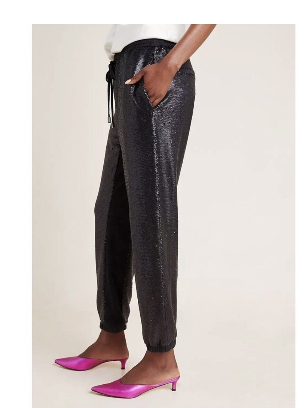 Anthropologie Black Sequin Track Joggers with Drawstring - Picture 4 of 11